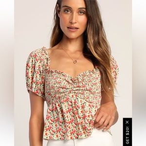 Lulus Such A Flirt Sage Floral Smocked Peplum Short Sleeve Top, Large, NWT